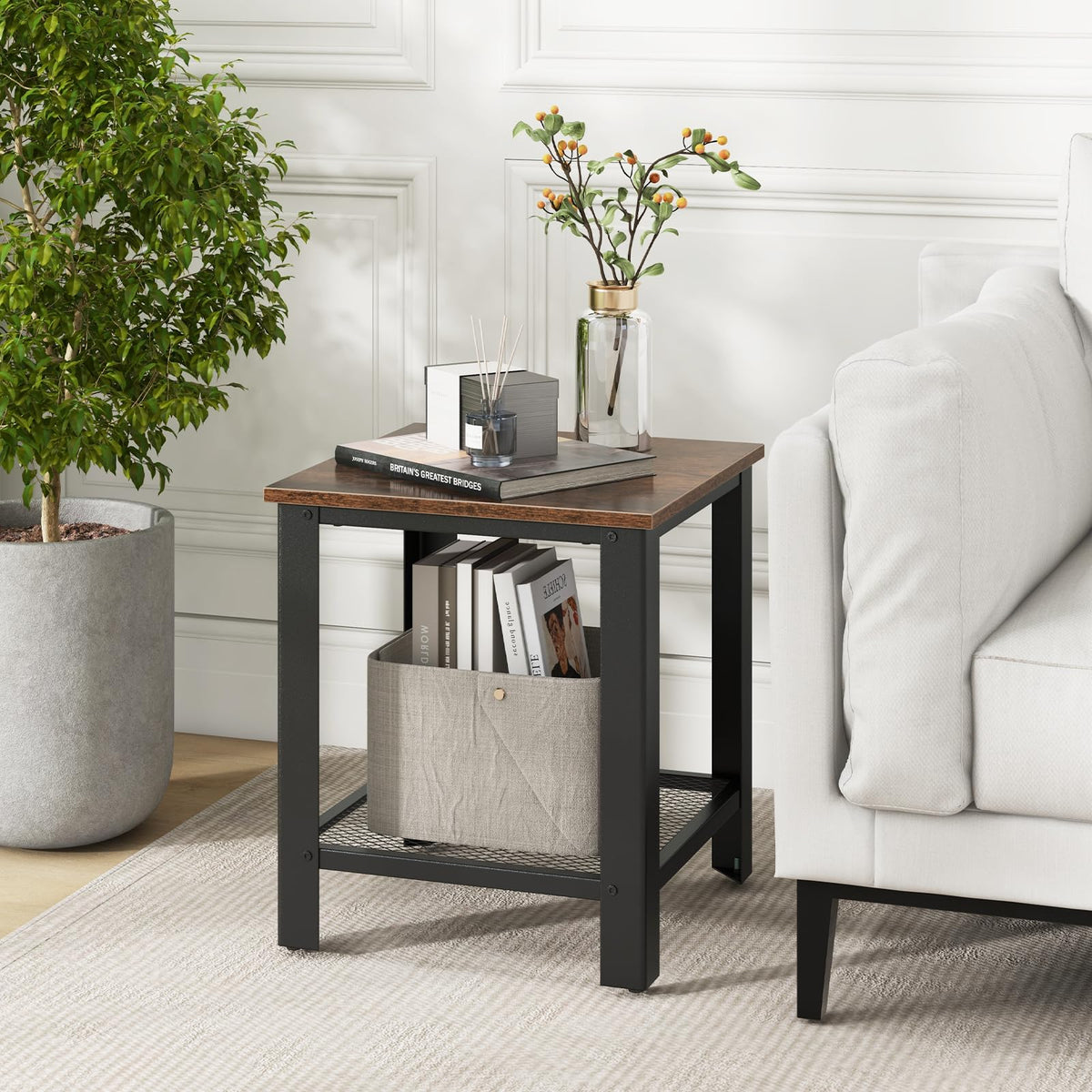 2-Tier End Table Set of 2, 16 Inch Side Table with Mesh Storage Shelf N1819