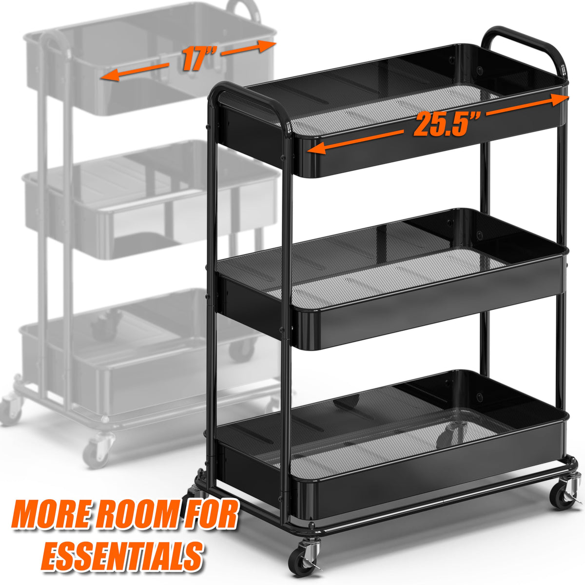 26" 3-Tier Metal Utility Cart, Black Y831