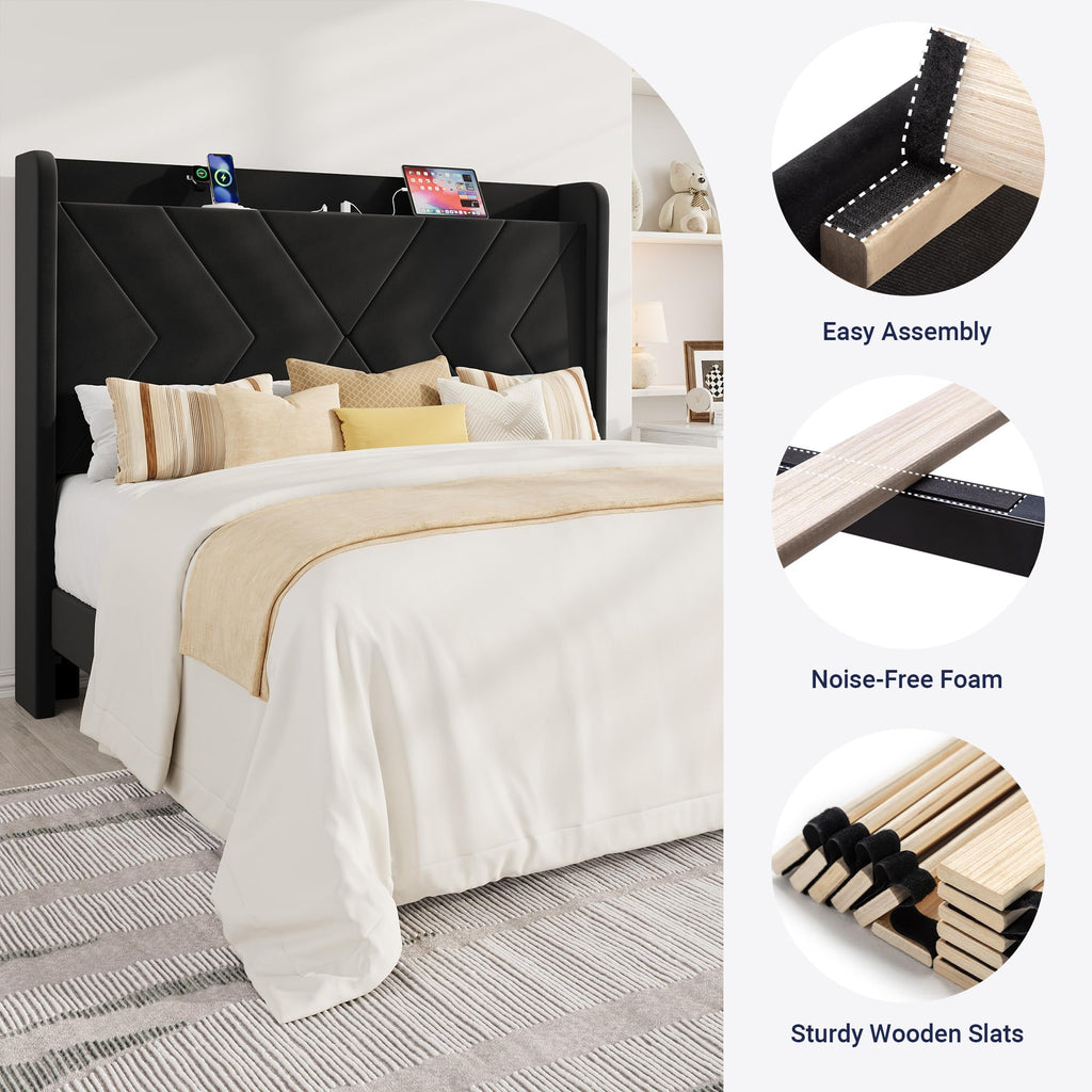 Queen Size Black Velvet Bed Frame with Charging and Shelf J36878