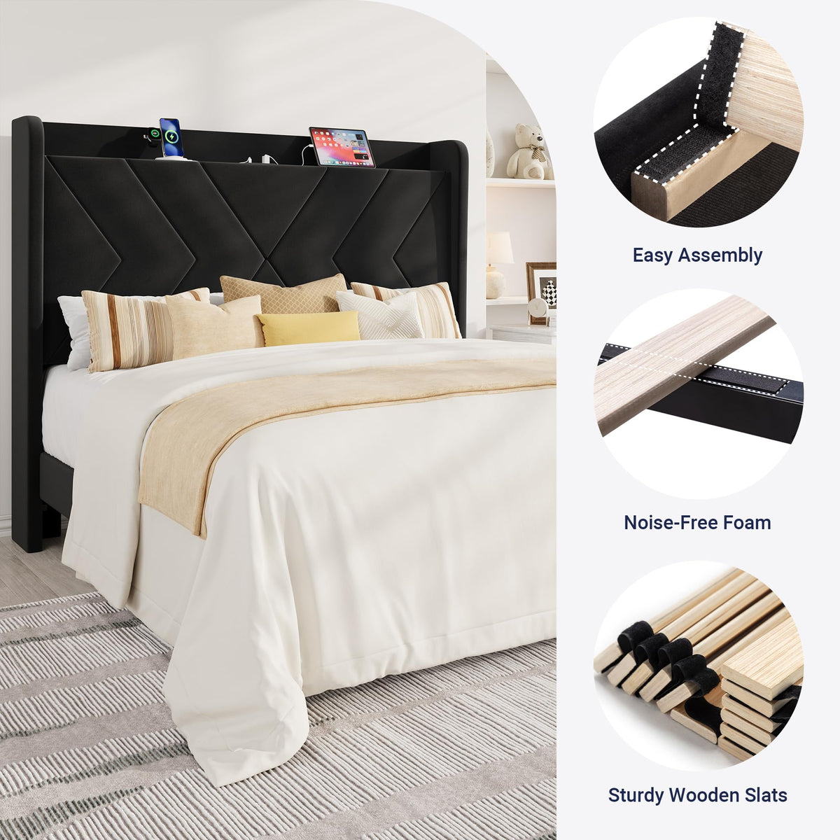 Queen Size Black Velvet Bed Frame with Charging and Shelf J36878