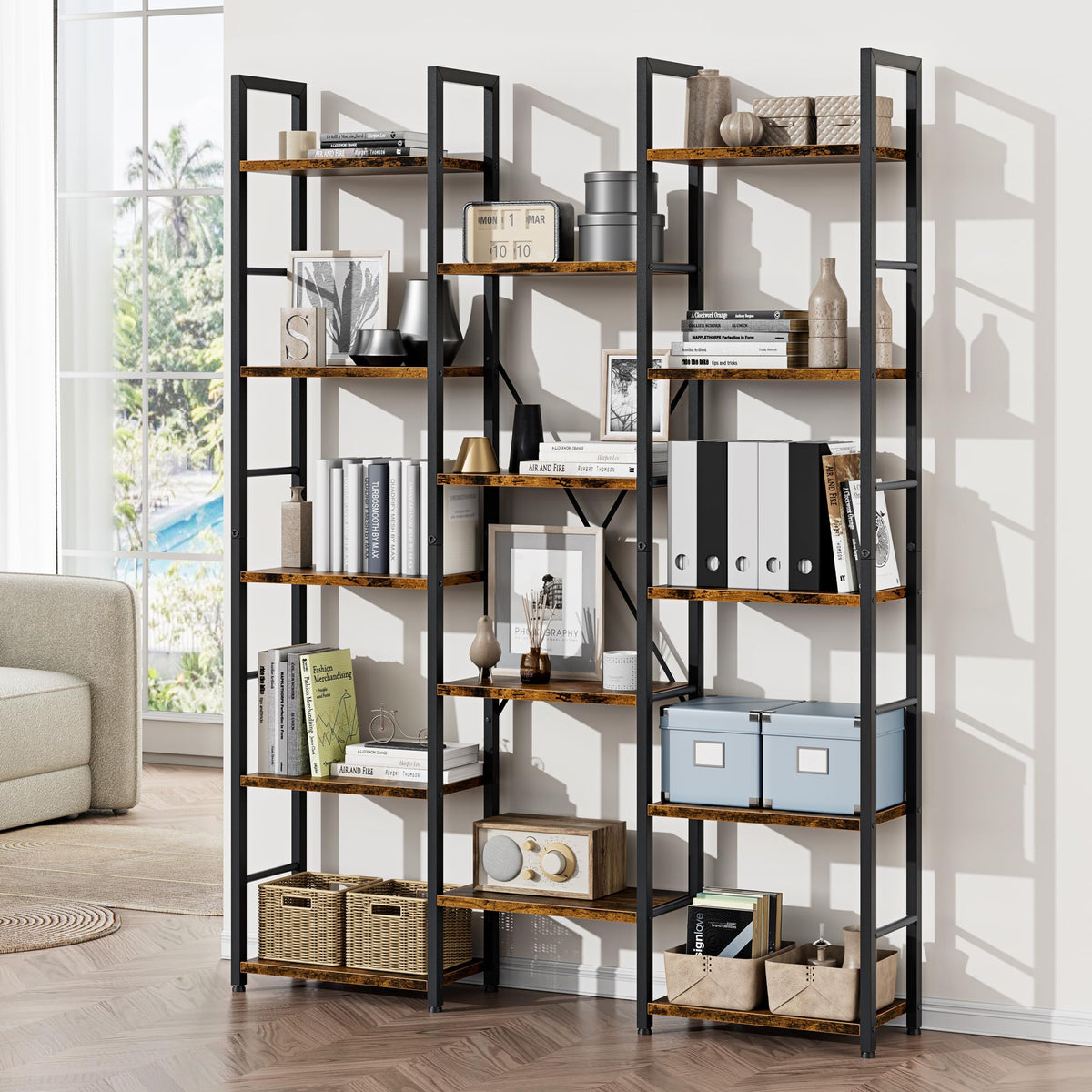 5 Tier Rustic Wood & Metal Bookshelf T8607