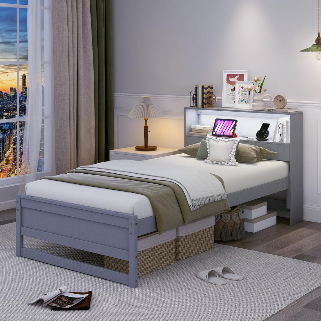Twin Wood Platform Bed with Storage Headboard and Charging Station B49797