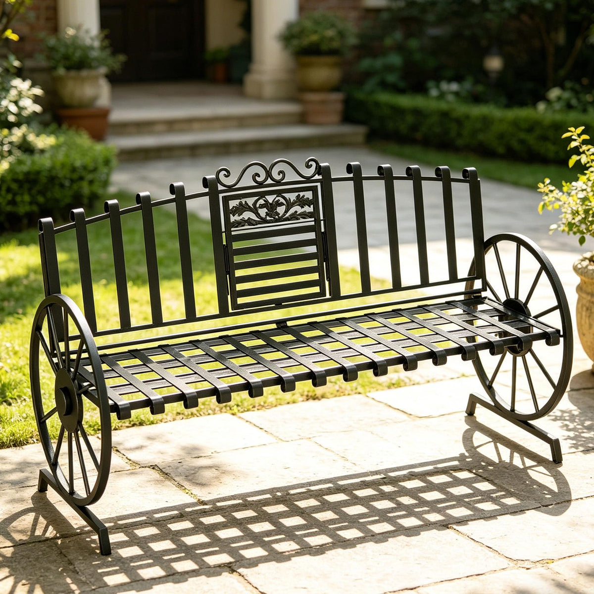 Black Outdoor Garden Bench with Built-in Table T864276
