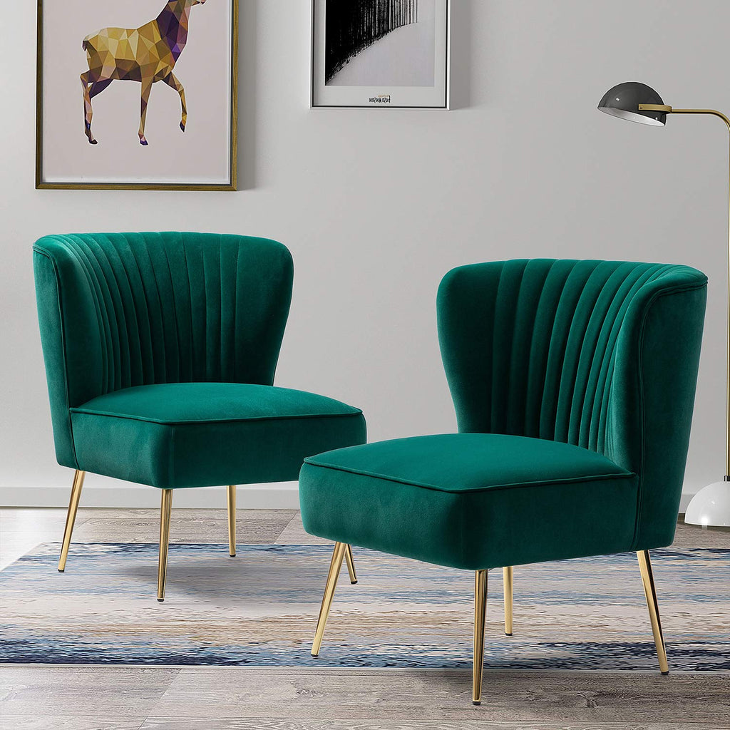 Velvet Accent Chair Set of 2 Emerald Green Wingback Armless Slipper Chair Q875908