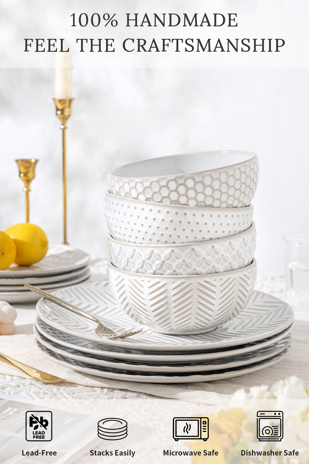 12 Piece Embossed Stoneware Dinnerware Sets for 4 L297820