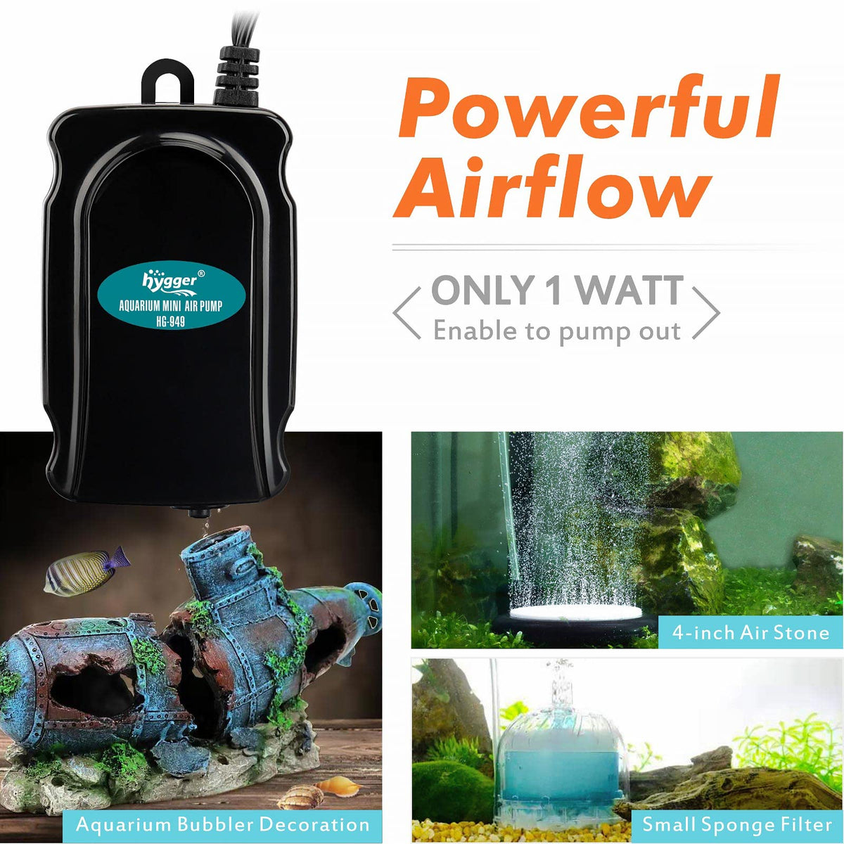 Mini Aquarium Air Pump Kit 1W for 2-20 Gallon Fish Tank with Air Tube T312