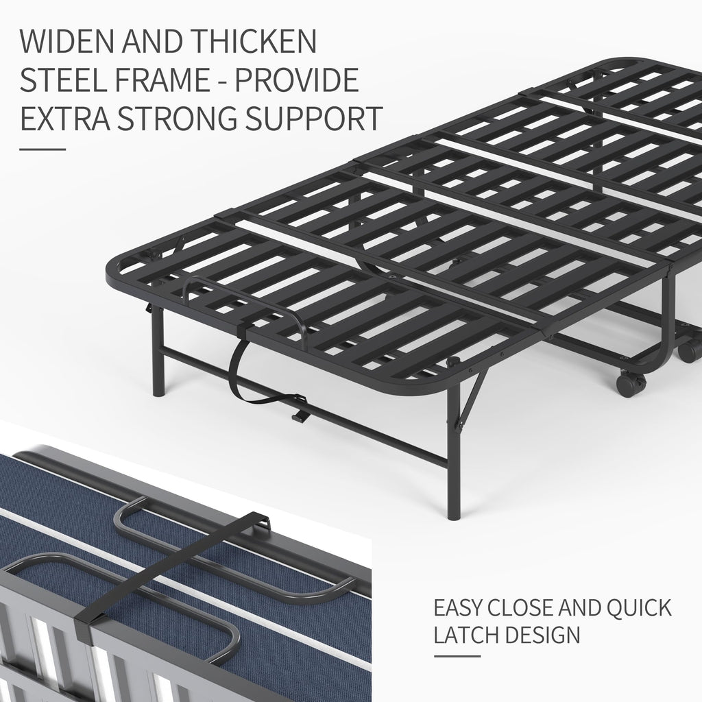 Folding Bed with Mattress, Twin Size Metal Bed Frame with Wheels S874