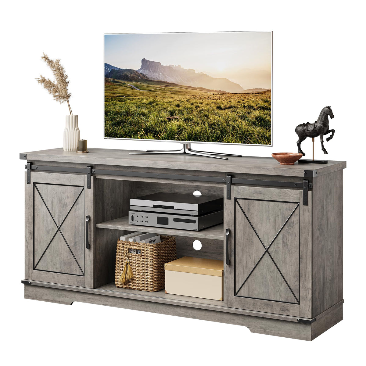 Farmhouse TV Stand with Sliding Barn Doors and Storage Cabinets J227