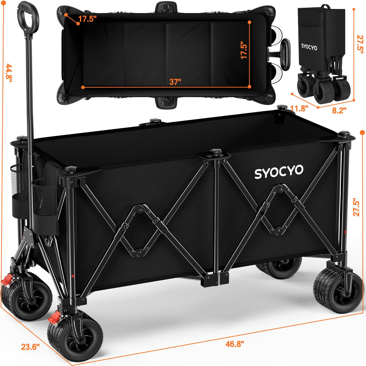 Foldable Collapsible Wagon with All-Terrain Wheels and Cup Holders, Black Y273991