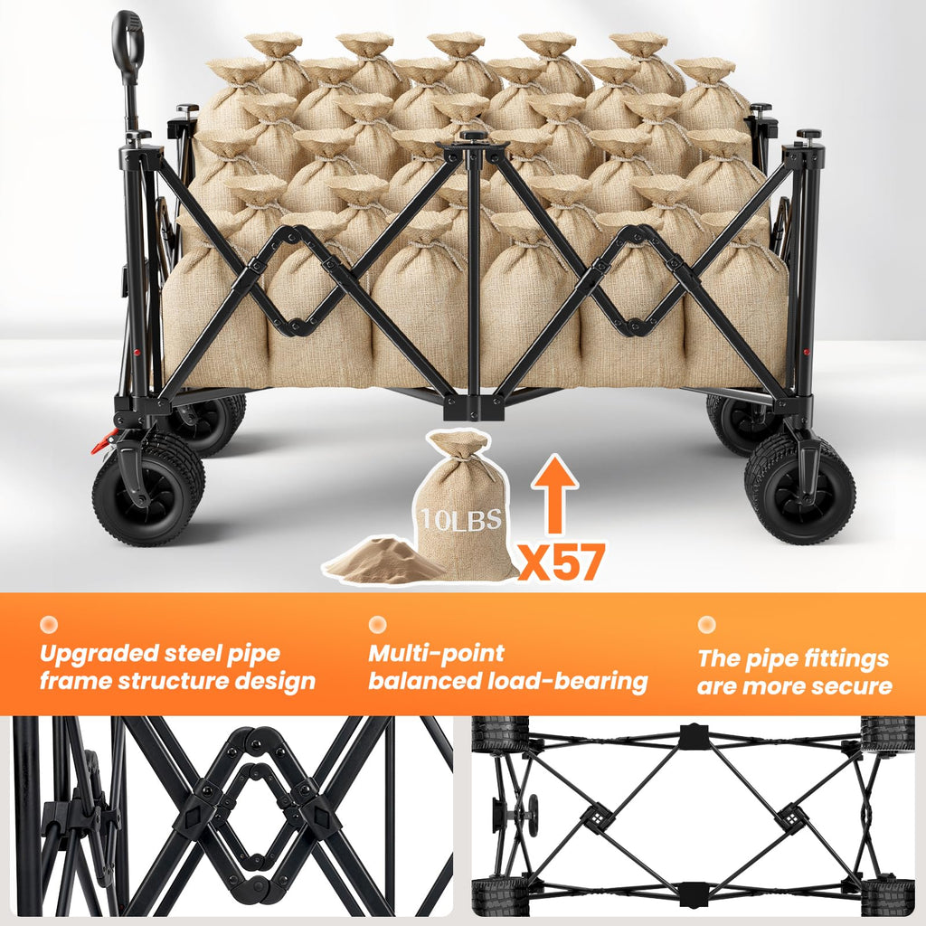 Foldable Collapsible Wagon with All-Terrain Wheels and Cup Holders, Black Y273991