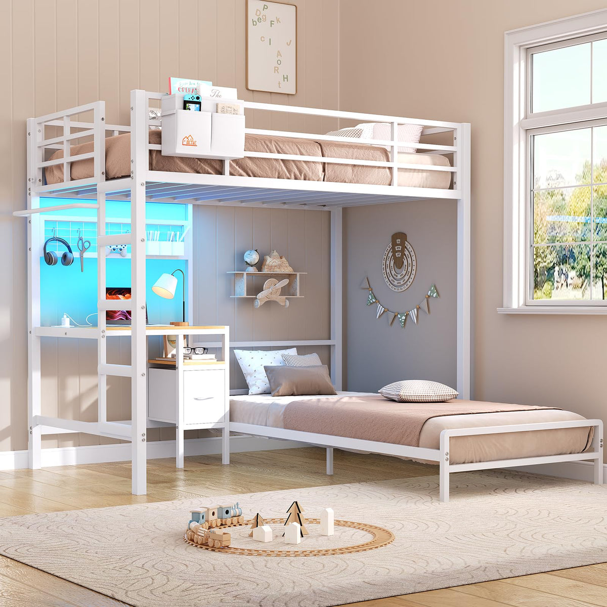 Twin Over Twin White Bunk Bed with Desk V290