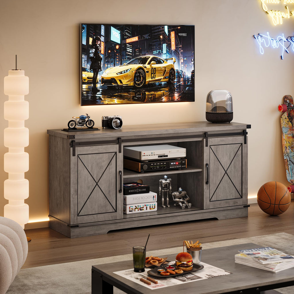 Farmhouse TV Stand with Sliding Barn Doors and Storage Cabinets J227