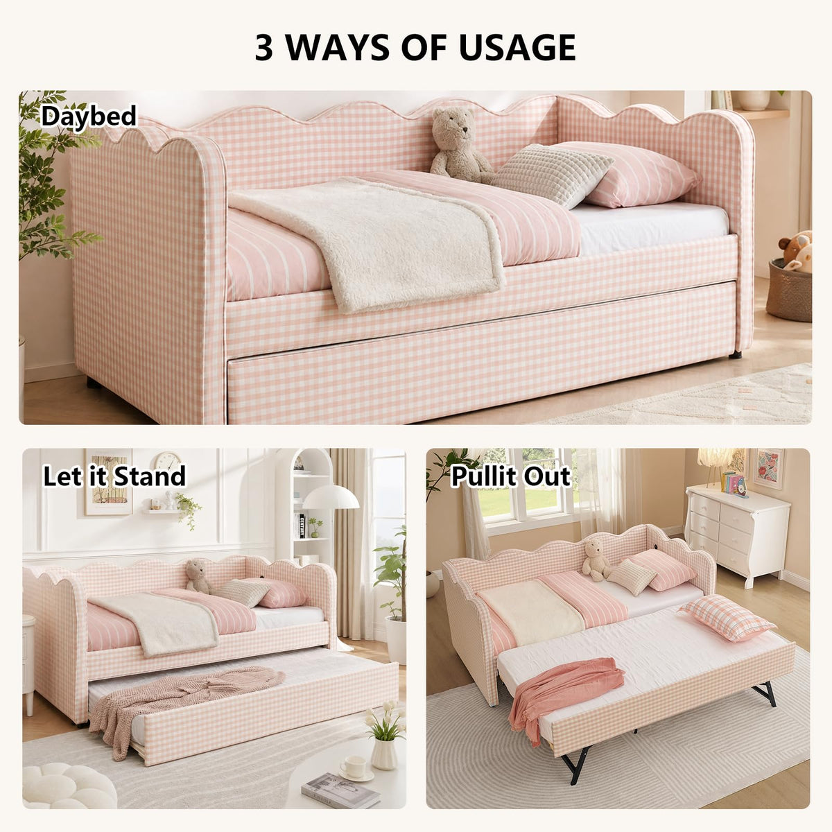 Pink Twin Size Linen Upholstered Daybed with Trundle I946572
