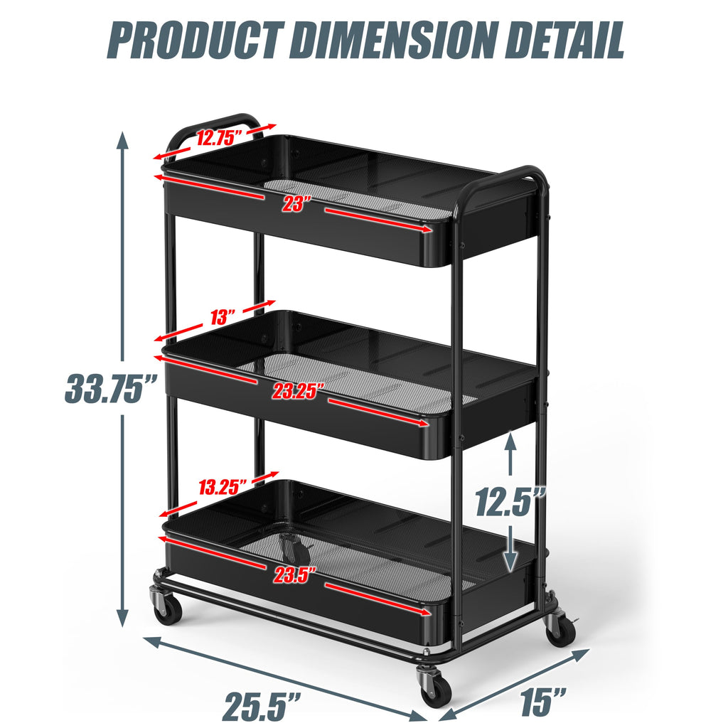 26" 3-Tier Metal Utility Cart, Black Y831