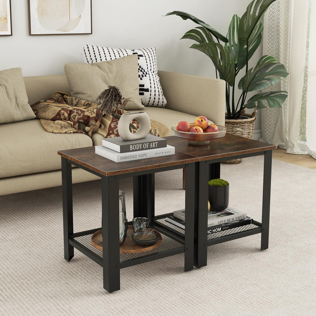 2-Tier End Table Set of 2, 16 Inch Side Table with Mesh Storage Shelf N1819