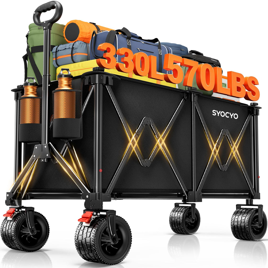 Foldable Collapsible Wagon with All-Terrain Wheels and Cup Holders, Black Y273991
