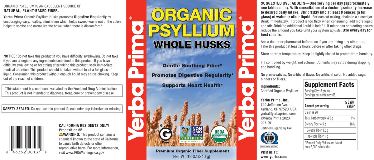 Organic Psyllium Whole Husks 12 oz Fiber Supplement P9141