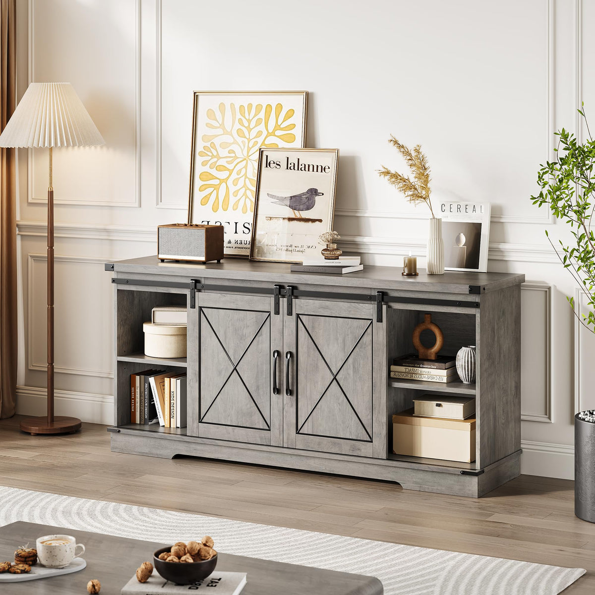 Farmhouse TV Stand with Sliding Barn Doors and Storage Cabinets J227