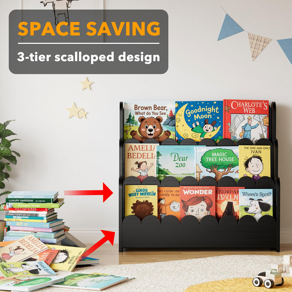 Black 3-Tier Scalloped Wooden Bookshelf J79582