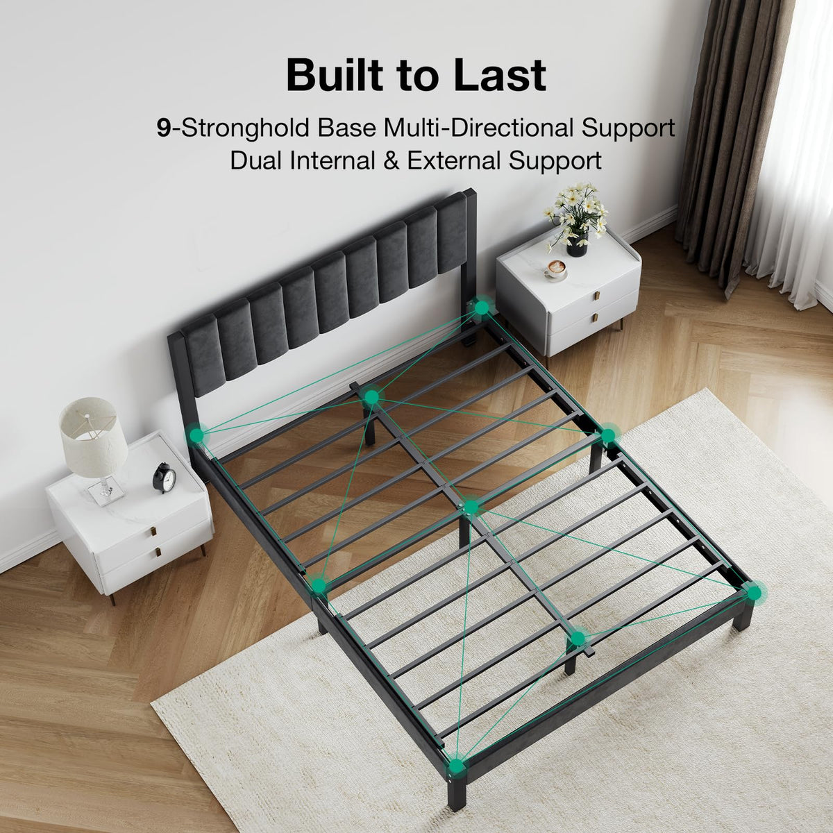Twin Size Metal Platform Bed Frame with Velvet Headboard and Footboard N383744