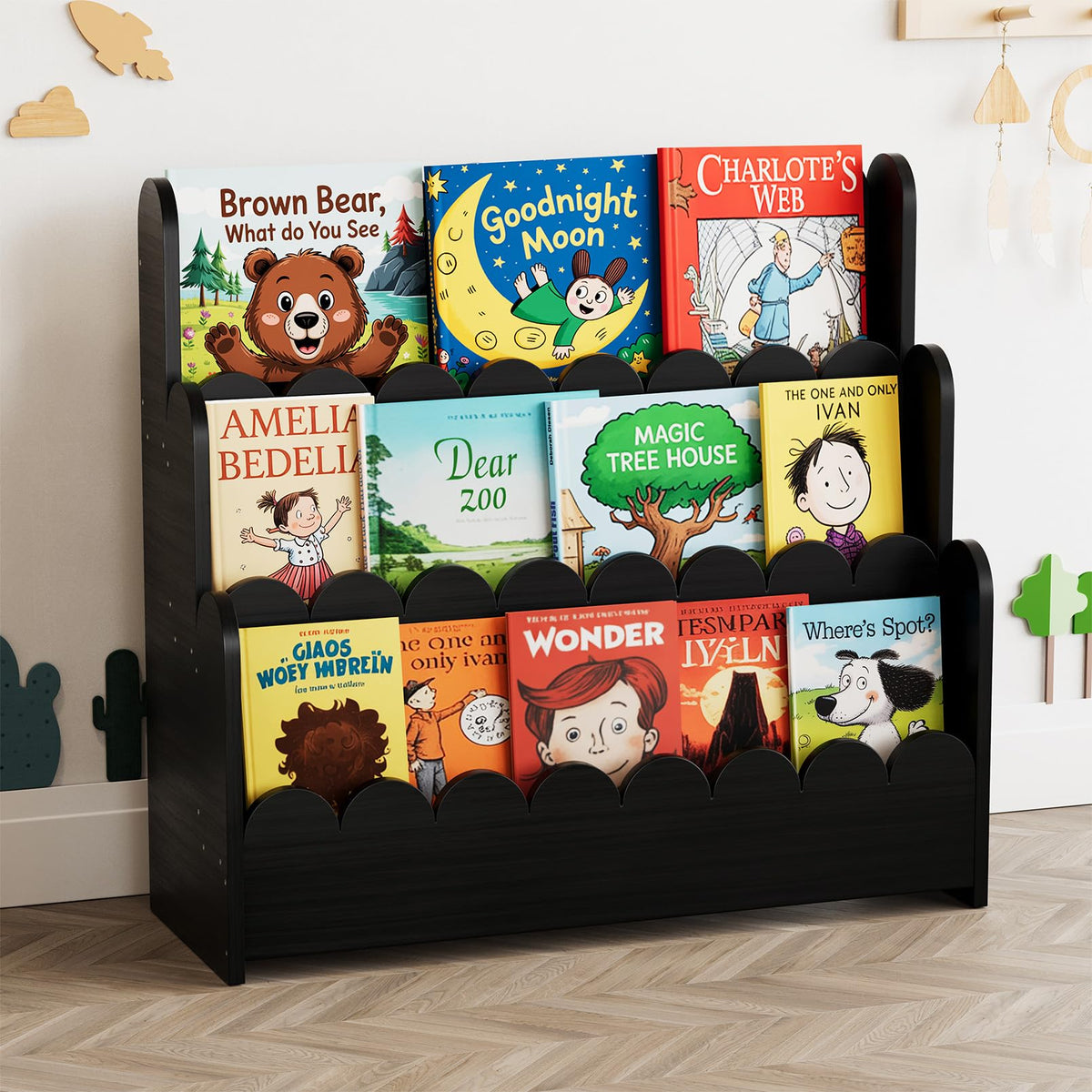 Black 3-Tier Scalloped Wooden Bookshelf J79582