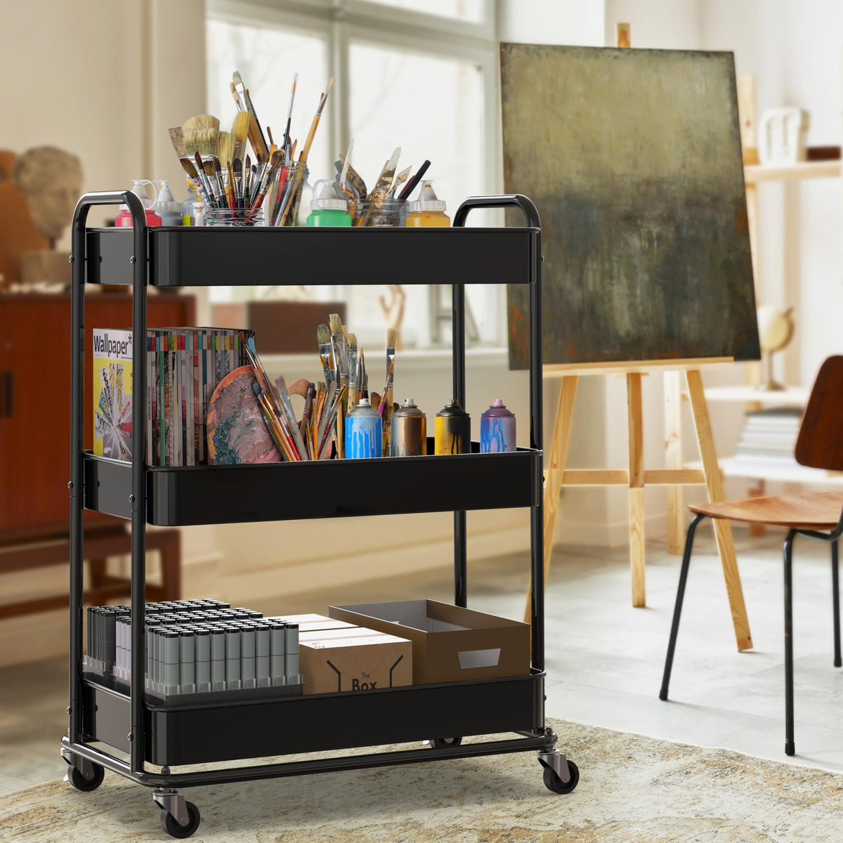 26" 3-Tier Metal Utility Cart, Black Y831