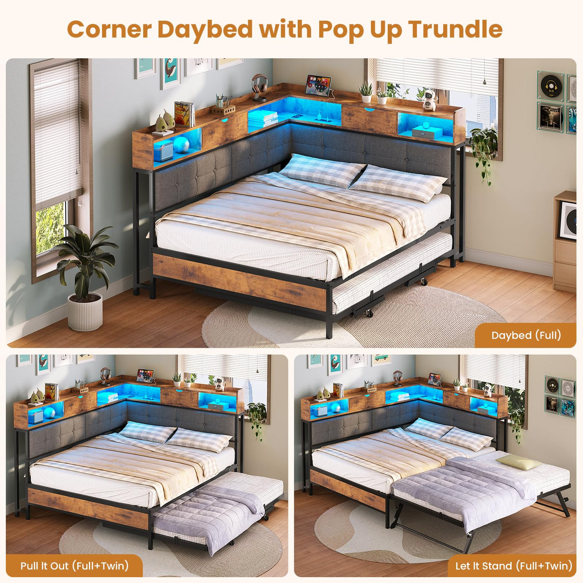 Black Corner Full Bed Frame with Trundle P598