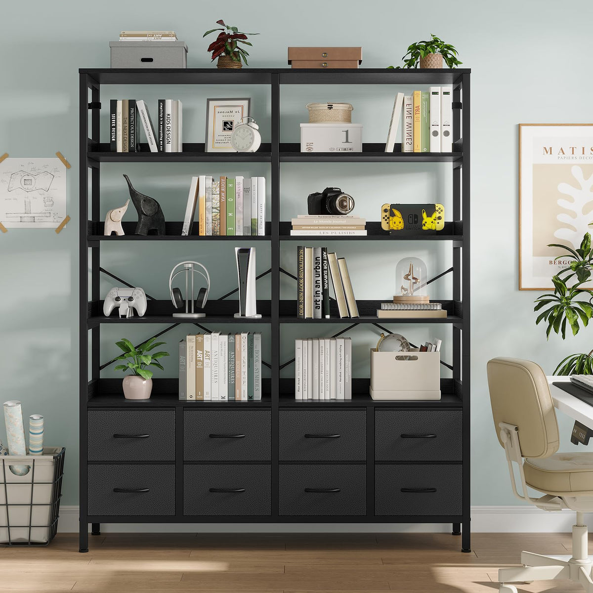 Black 8 Fabric Drawer 7-Tier Bookshelf U2038