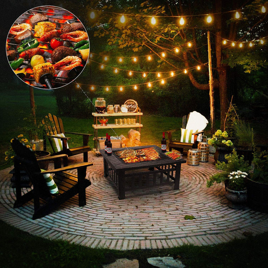 32" Square Wood Burning Fire Pit with Poker and Cover E2171