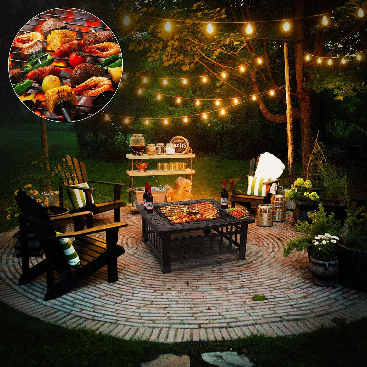 32" Square Wood Burning Fire Pit with Poker and Cover E2171