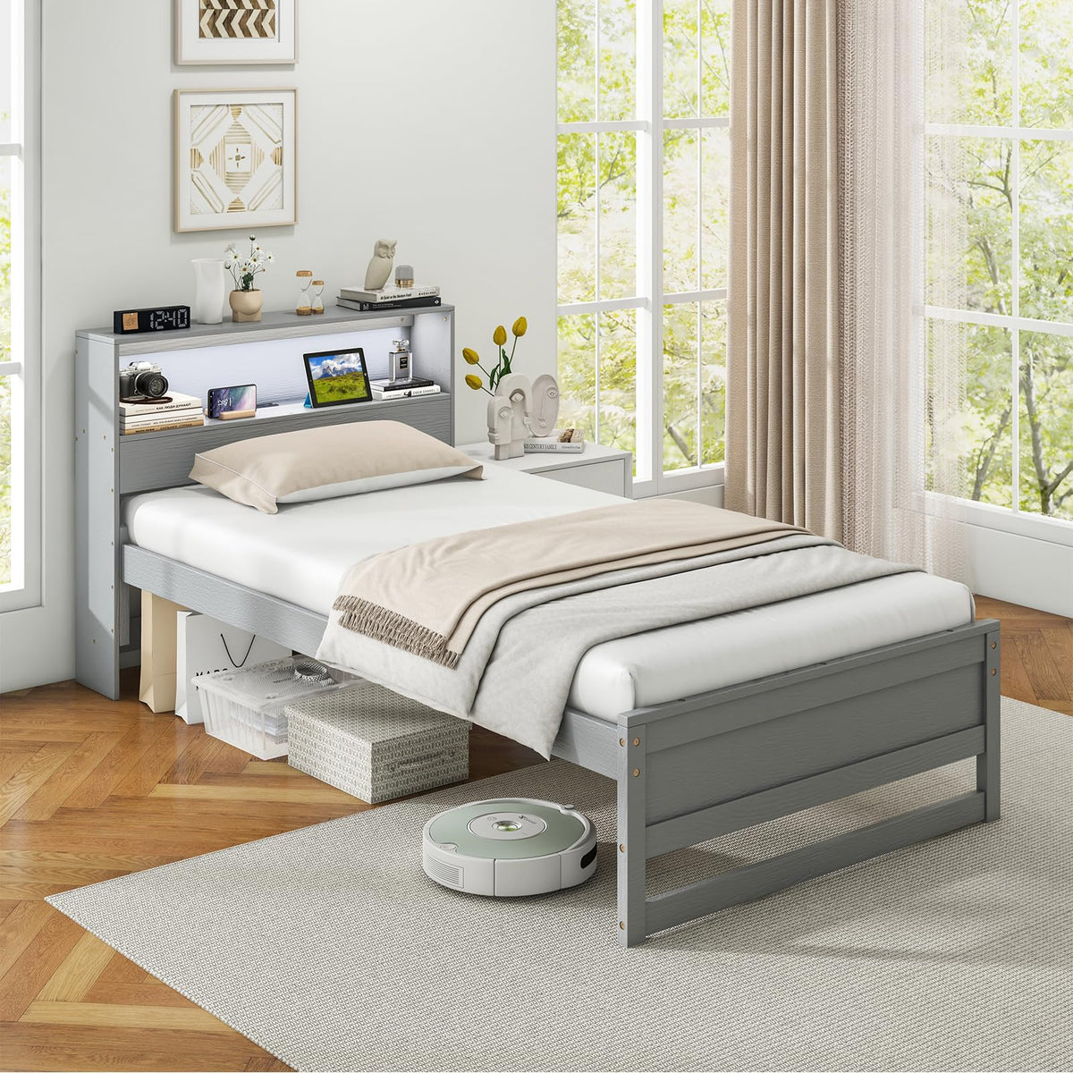Twin Wood Platform Bed with Storage Headboard and Charging Station B49797