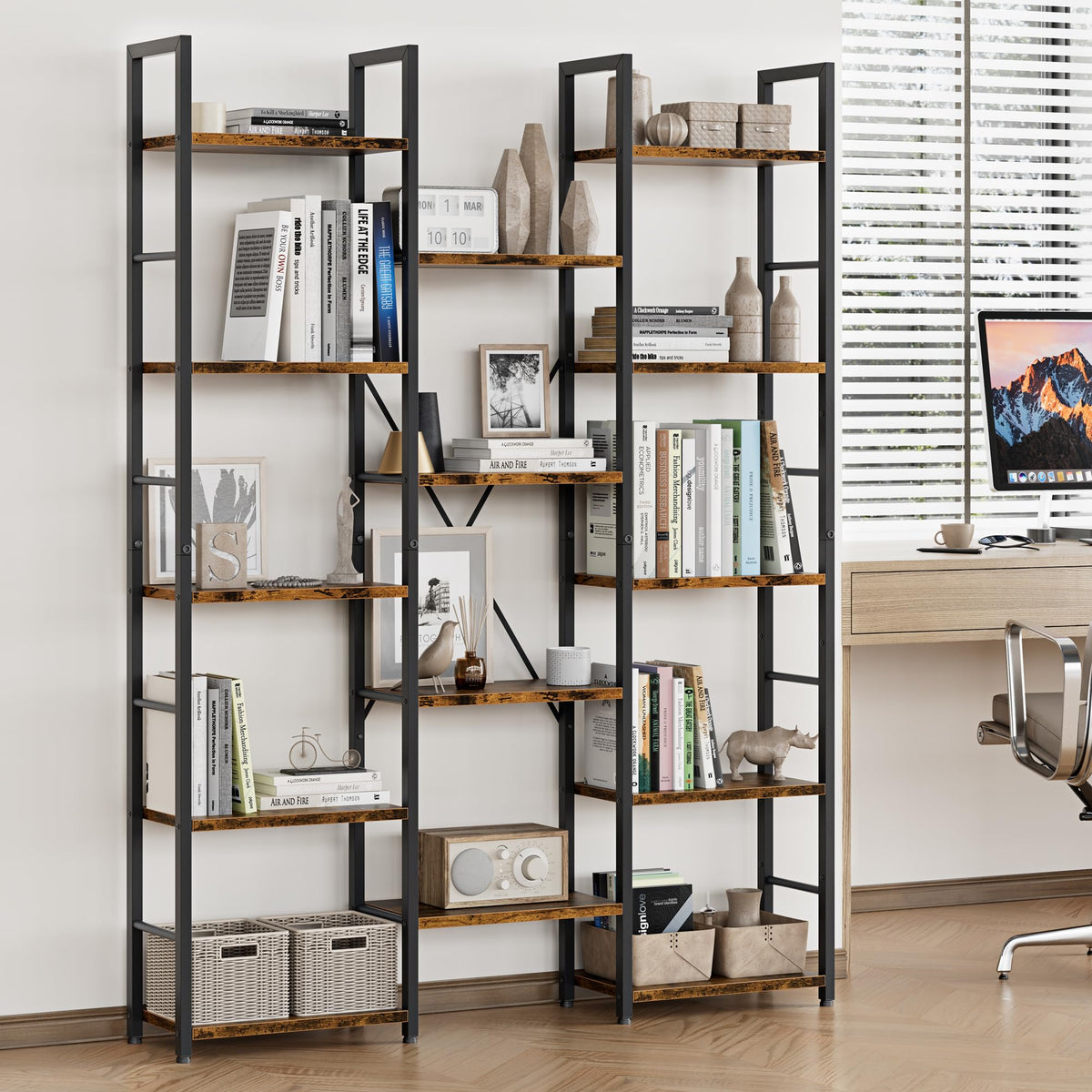 5 Tier Rustic Wood & Metal Bookshelf T8607
