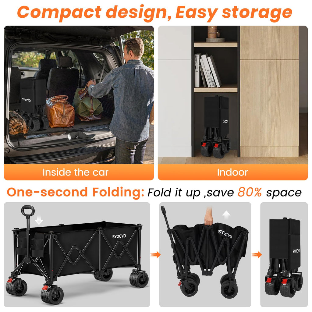 Foldable Collapsible Wagon with All-Terrain Wheels and Cup Holders, Black Y273991