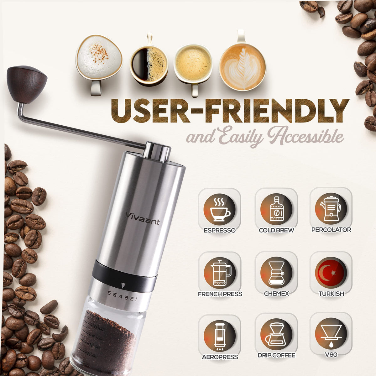 Manual Coffee Grinder Stainless Steel Conical Burr Mill G2441