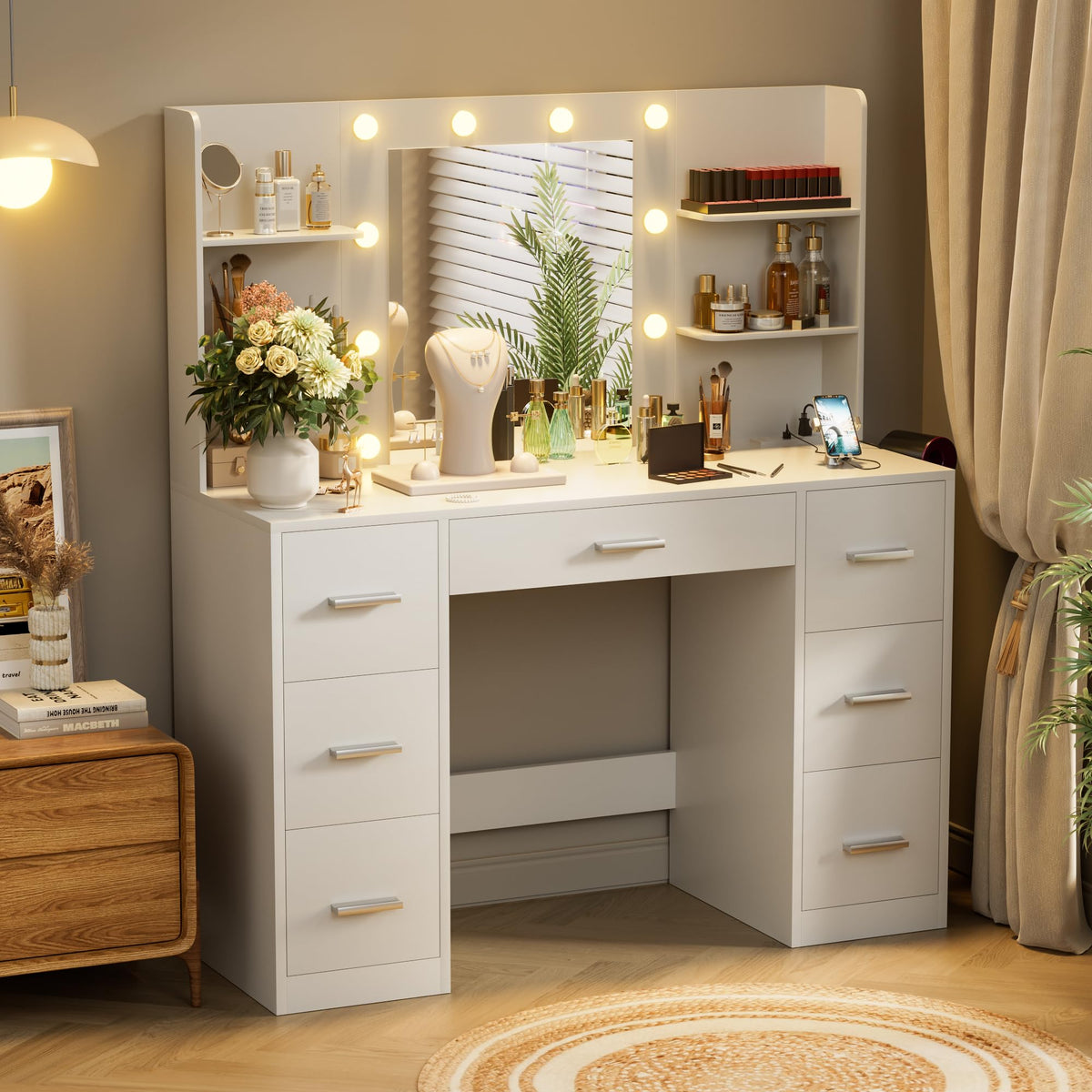 White Vanity Desk with Lighted Mirror and 7 Drawers O933