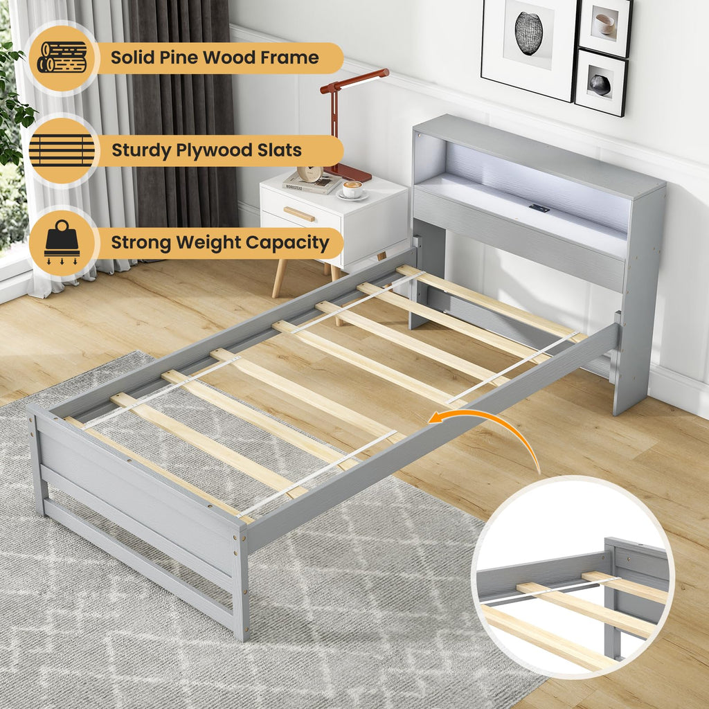 Twin Wood Platform Bed with Storage Headboard and Charging Station B49797