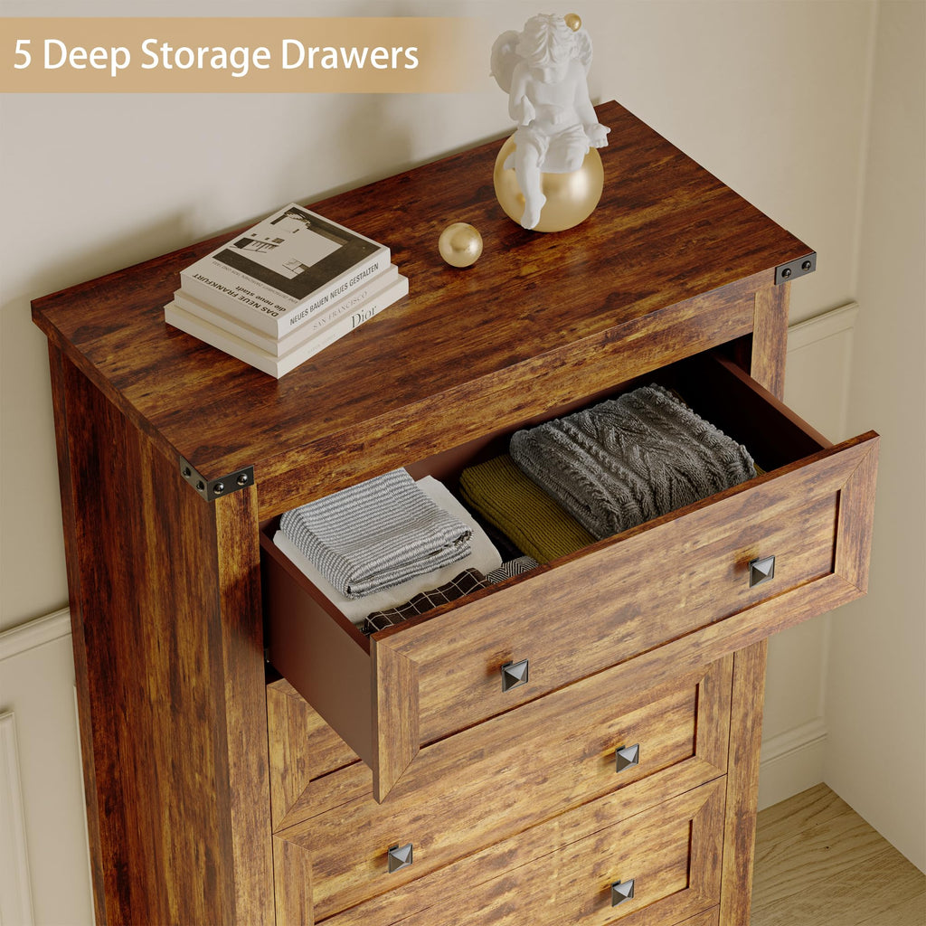 Brown Tall 5 Drawer Wood Dresser with Metal Handles C895797