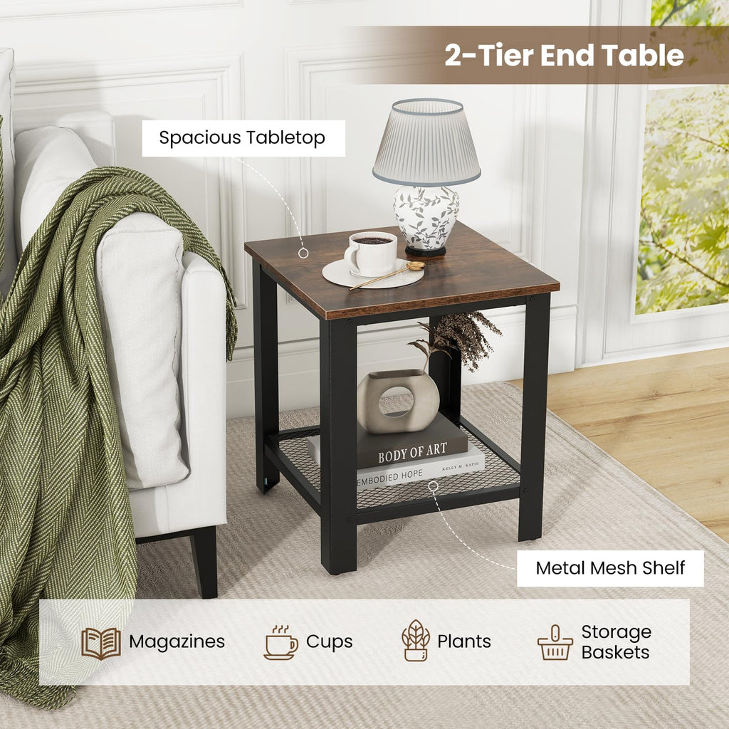 2-Tier End Table Set of 2, 16 Inch Side Table with Mesh Storage Shelf N1819