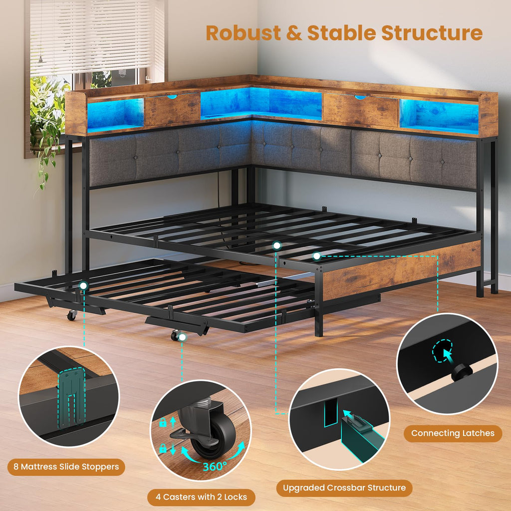 Black Corner Full Bed Frame with Trundle P598