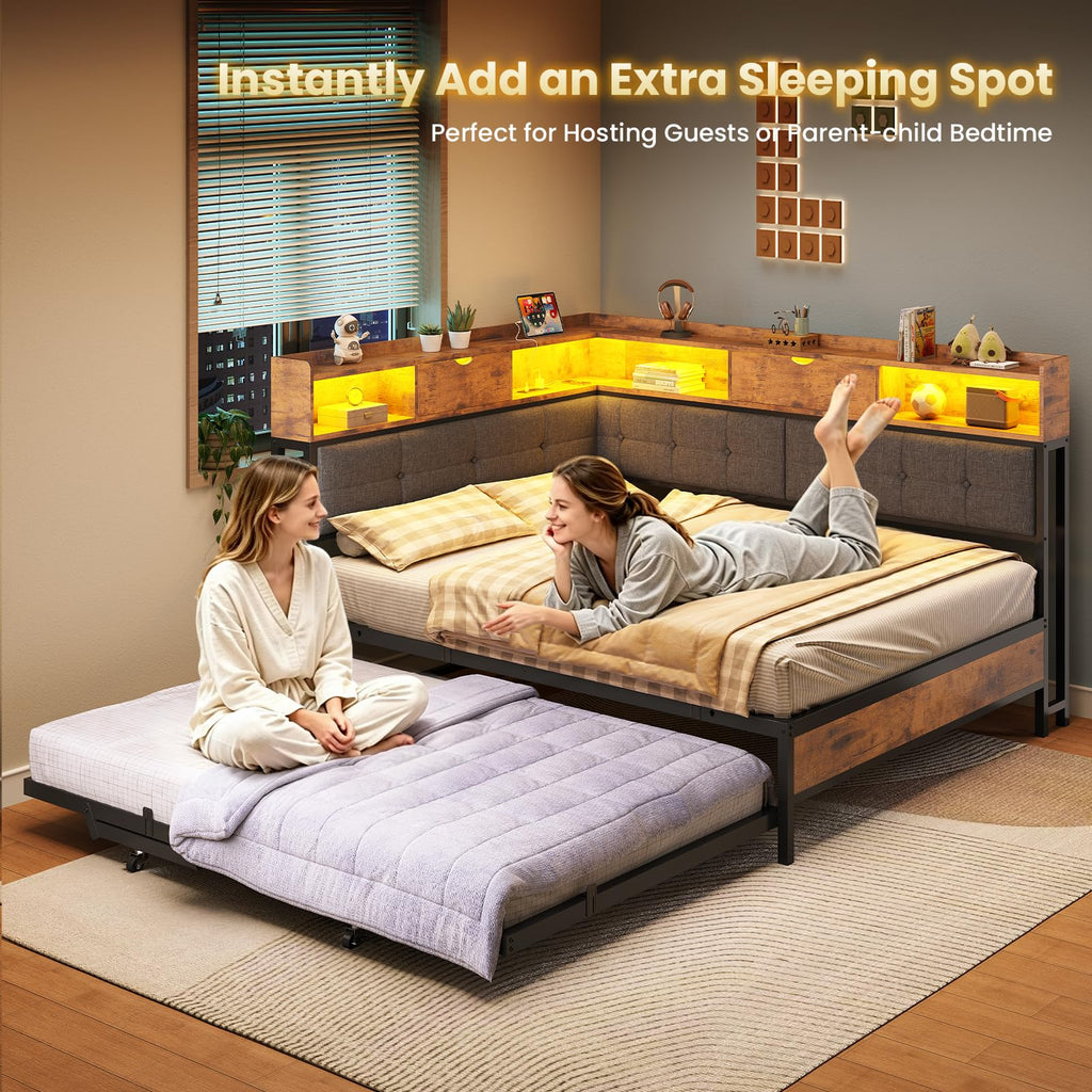 Black Corner Full Bed Frame with Trundle P598