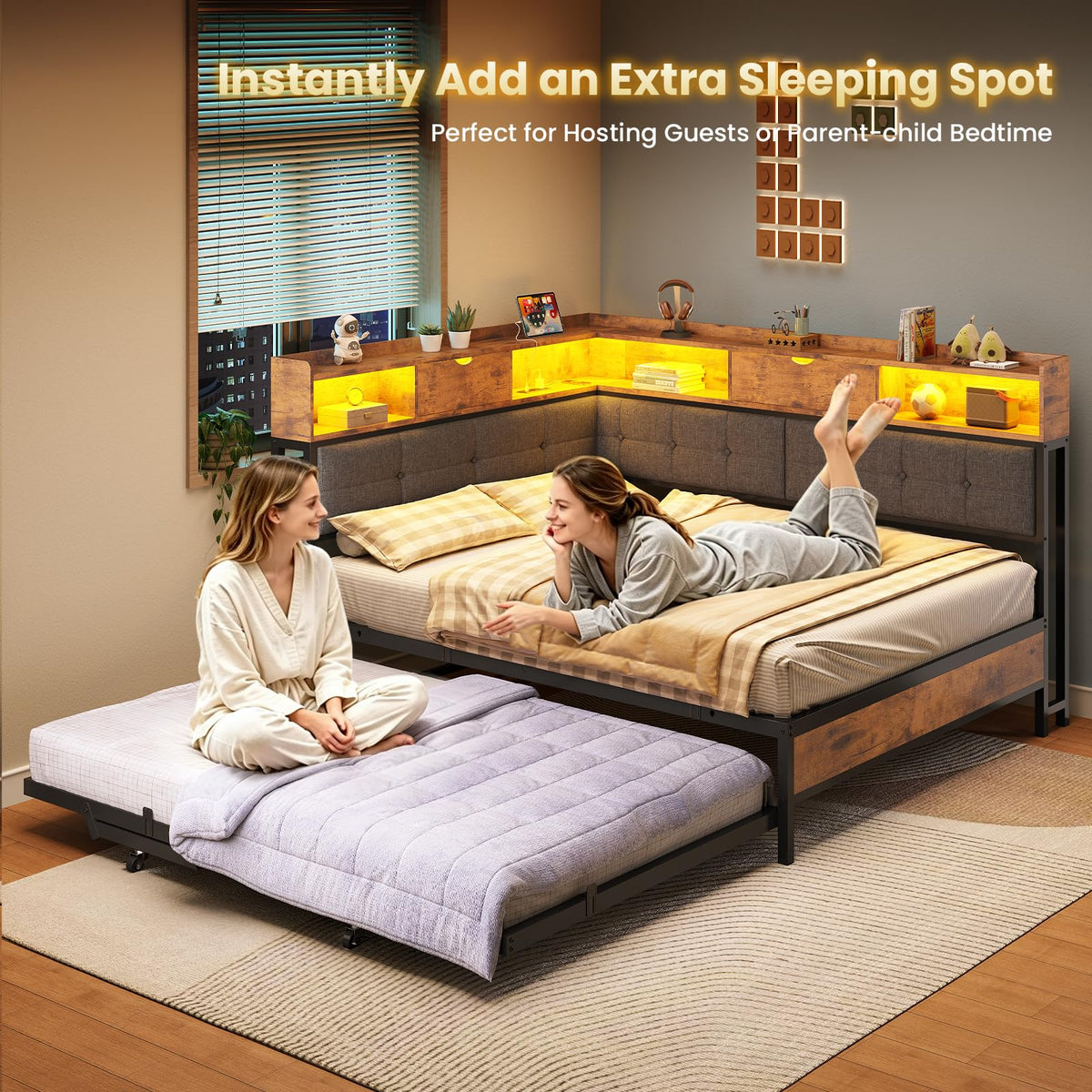 Black Corner Full Bed Frame with Trundle P598