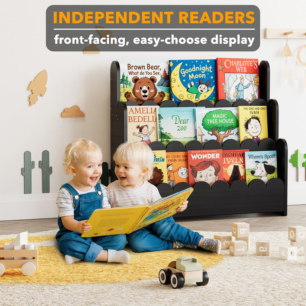Black 3-Tier Scalloped Wooden Bookshelf J79582