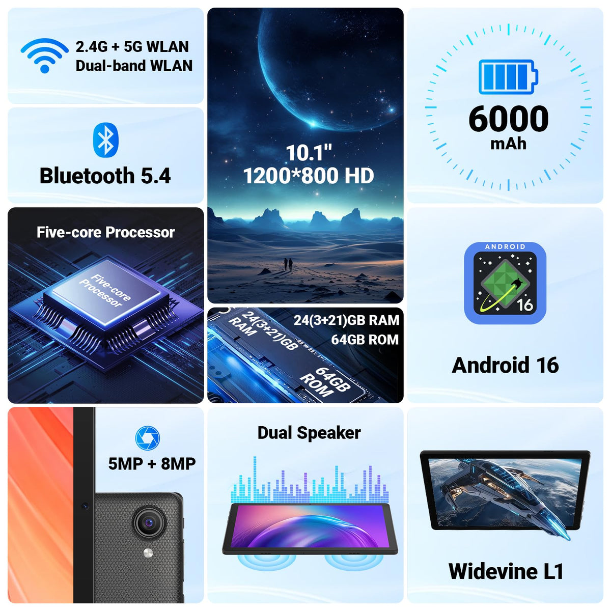 10.1" Android Tablet 24GB RAM 64GB ROM 6000mAh B5190