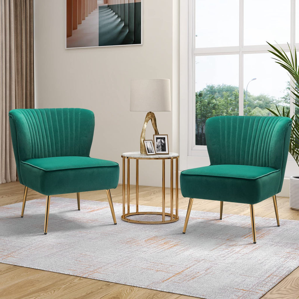 Velvet Accent Chair Set of 2 Emerald Green Wingback Armless Slipper Chair Q875908