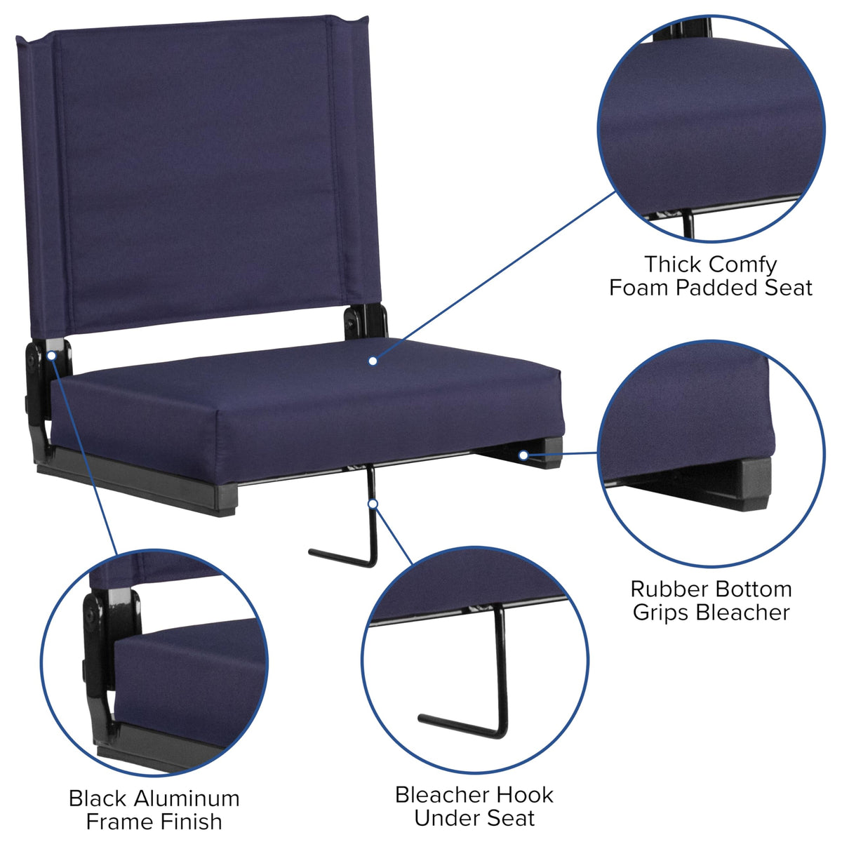 Portable Folding Padded Stadium Chair with Carrying Handle, Navy G43433