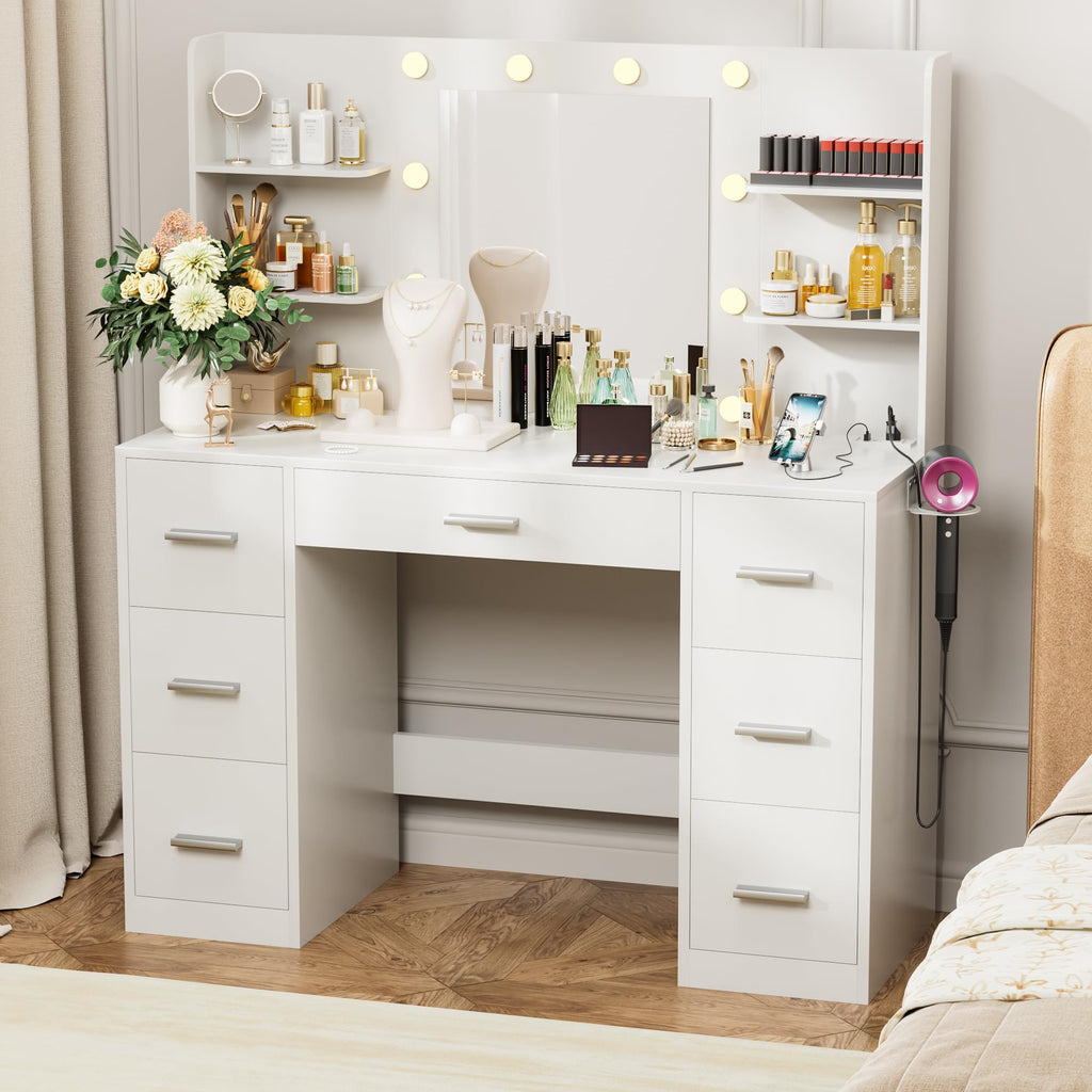 White Vanity Desk with Lighted Mirror and 7 Drawers O933