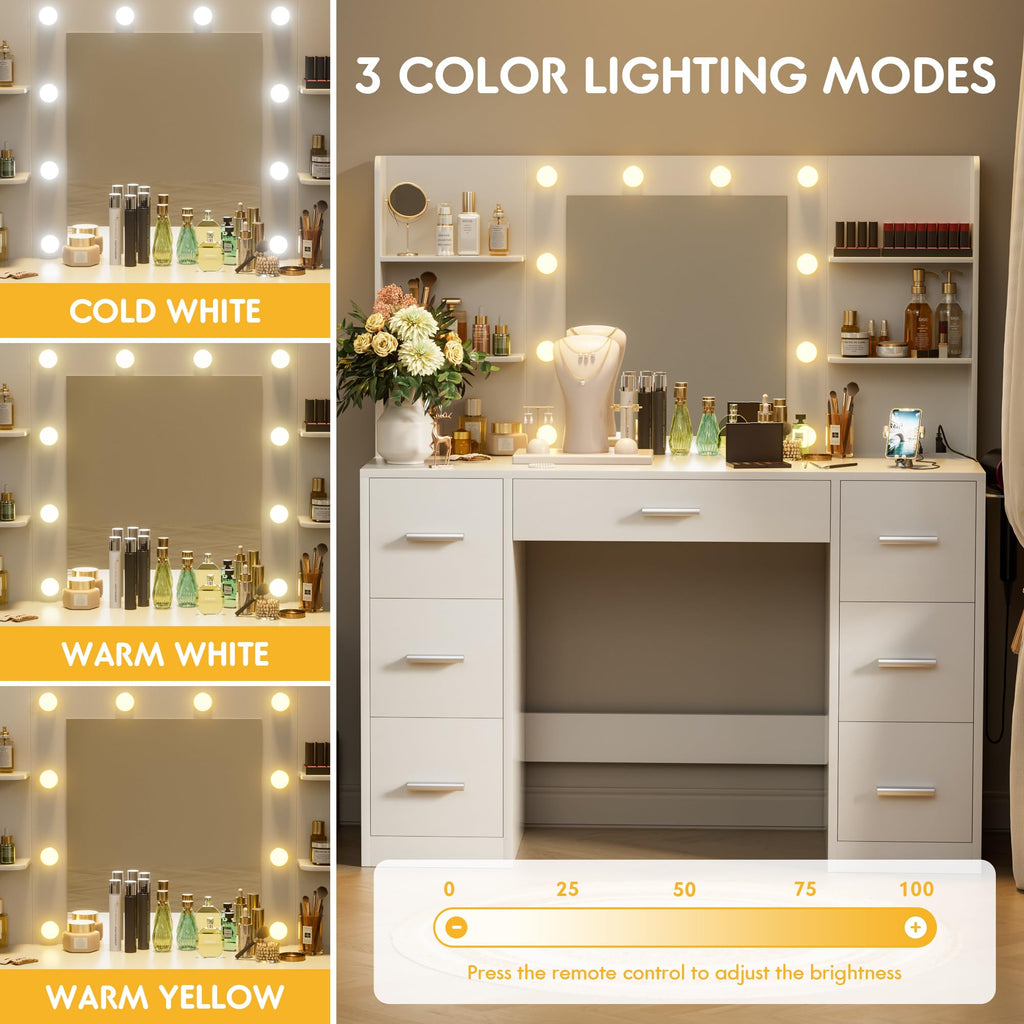 White Vanity Desk with Lighted Mirror and 7 Drawers O933