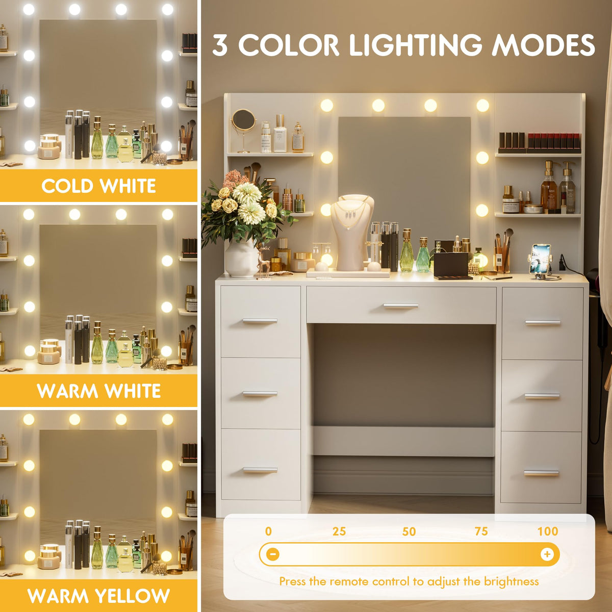 White Vanity Desk with Lighted Mirror and 7 Drawers O933