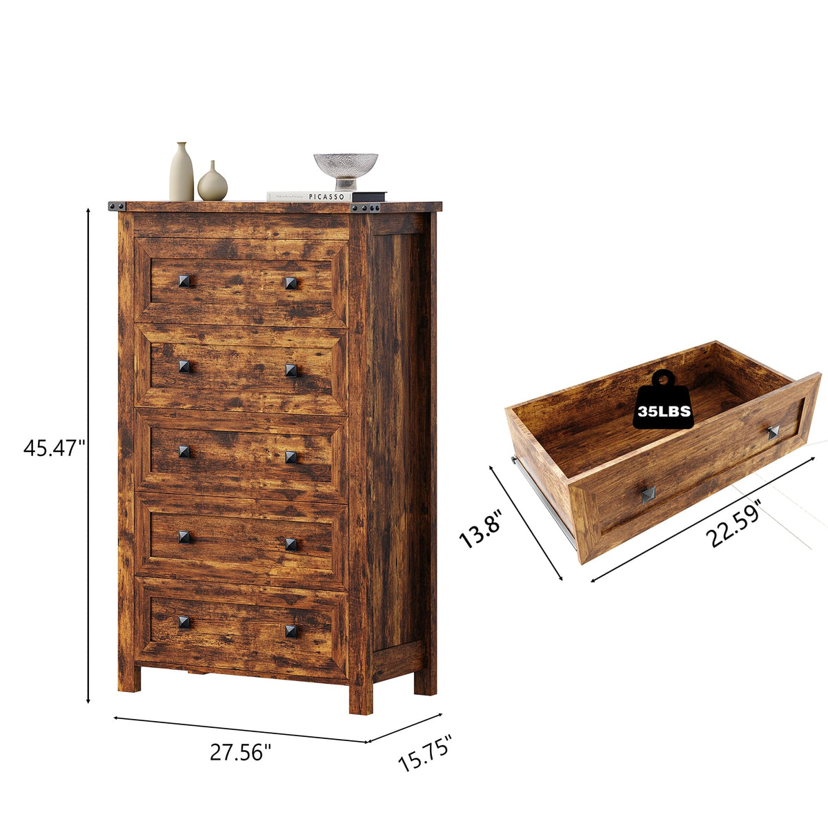 Brown Tall 5 Drawer Wood Dresser with Metal Handles C895797