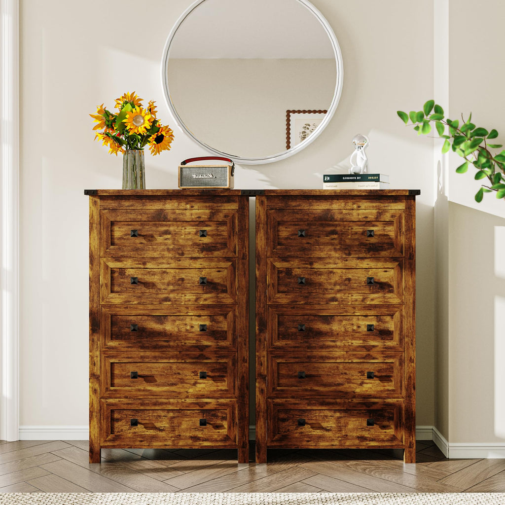 Brown Tall 5 Drawer Wood Dresser with Metal Handles C895797